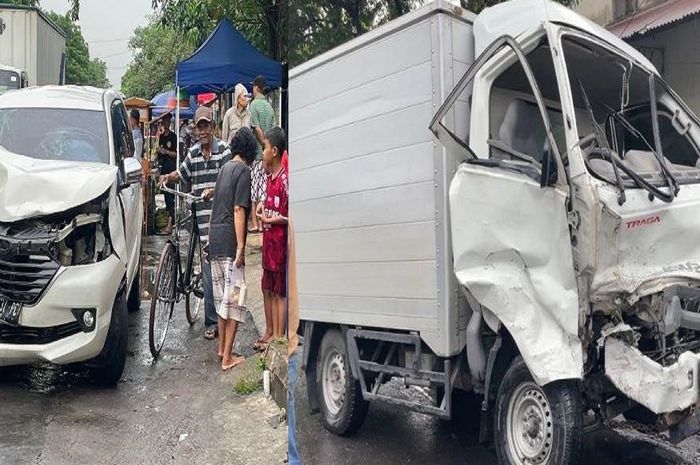 Kondisi Toyota Avanza nopol H 1437 PC dan Isuzu Traga nopol AD 9947 IG usai terlibat kecelakaan adu banteng di depan pasar Grogol, Sukoharjo, Jawa Tengah