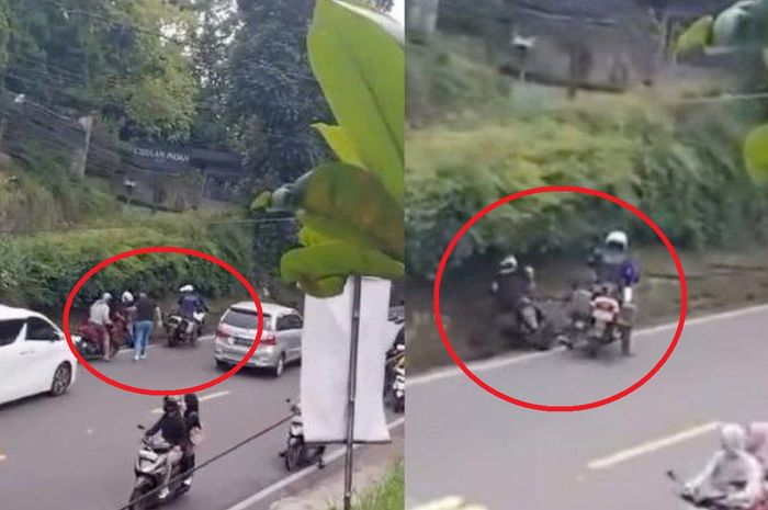 Anggota Patwal Satlantas Polres Bogor terekam video pepet pemotor hingga masuk selokan  di jalan raya Puncak Bogor-Cianjur, kabupaten Bogor, Jawa Barat