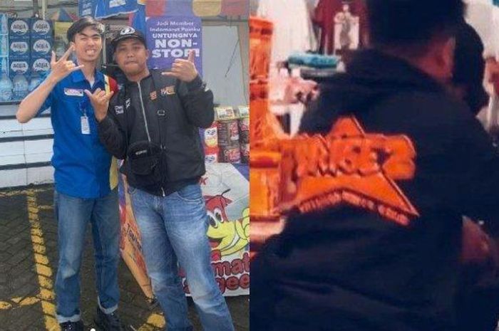 Foto (kiri) juru parkir bernama Rizal Setiawan (24) yang tewas dikeroyok puluhan anggota geng motor Brigez di dalam minimarket Cimaung, kabupaten Bandung