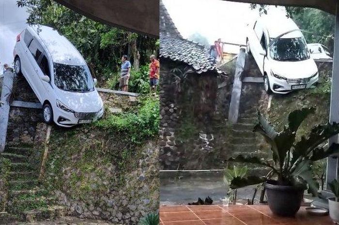Suzuki Ertiga yang bersilaturahmi ke rumah saudara di dusun Widoro, desa Buluharjo, Plaosan, Magetan terjungkal ke tebing halaman rumah warga