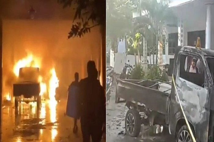 Kebakaran dua mobil dan dua motor di rumah Sahrawi (45) warga desa Tlagah, Banyuates, Sampang, Madura, Jawa Timur.