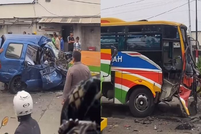 Kondisi Isuzu Panther rombongan umrah dan bus PO Rajawali Indah yang terlibat kecelakaan maut hingga menewaskan tujuh orang di Duduksampeyan Gresik