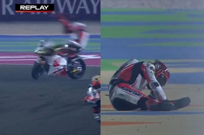 Mario Aji mengalami highside crash di kualifikasi Moto2 Qatar