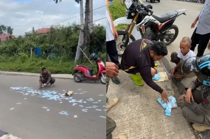 tangkap layar uang pecahan Rp 50 ribu berserakan di jalan A Yani, dekat Masjid Al Akbar Balangan, Kecamatan Paringin Selatan, Kabupaten Balangan, Kalimantan Selatan