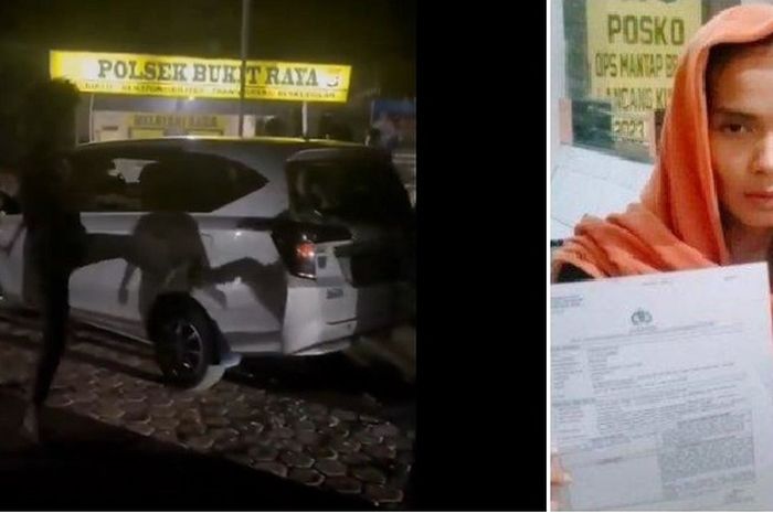 Aksi pengeroyokan 11 debt collector terhadap seorang wanita di depan Mapolsek Bukit Raya, Pekanbaru, Riau (kiri) dan korban inisial RP (kanan)
