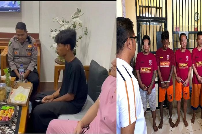 (Kiri) Santri Ponpes Metal Pasuruan Muhammad Sulaiman bersama Polisi setelah diselamatkan dari penculik dan (kanan) empat tersangka penculikan