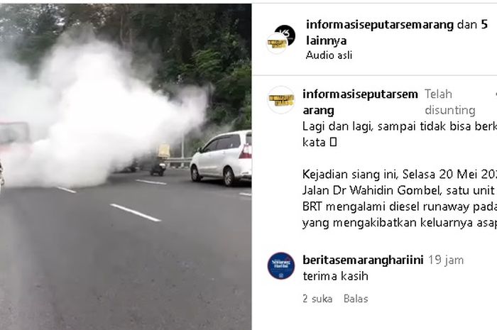 Bus Trans Semarang mengalami diesel runaway saat sedang menanjak. Penumpang kocar-kacir