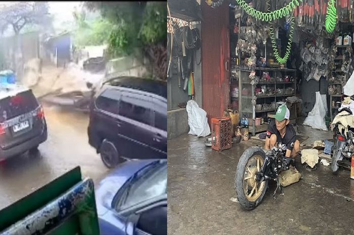 Tembok gudang Dinas SDA di Pasar Minggu, Jakarta Selatan jebol nyaris timpa Toyota Kijang Innova Reborn dan membuat motor, onderdil, serta alat bengkel motor di depannya lenyap tersapu air