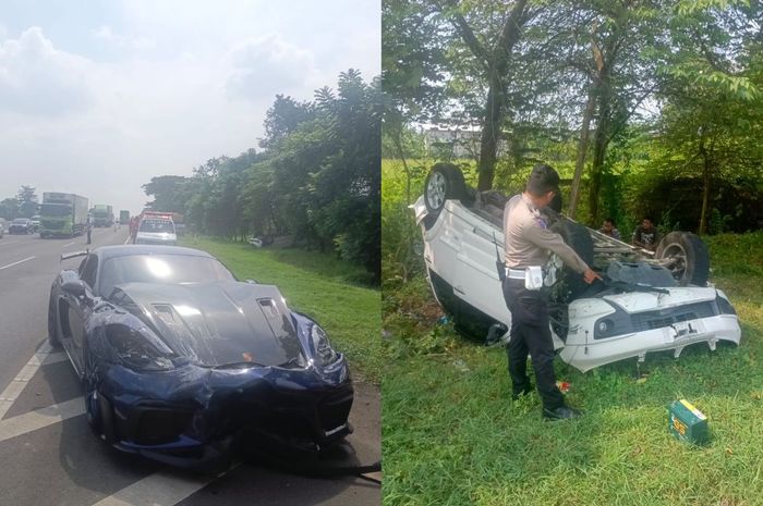 Kondisi Porsche Cayman GT4 RS dan Toyota Rush yang terlibat kecelakaan di tol Sidoarjo-Porong, (1/6/25)