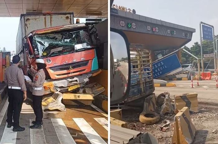 tangkap layar kejadian truk Fuso kesetanan sebakan Gerbang Tol Ciawi 2 Kota Bogor mengalami porak poranda, Senin (2/6/2025)