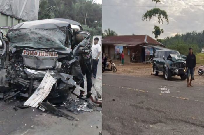 Kecelakaan ambulans membawa pasien ditabrak Toyota Land Cruiser Seri 80 hingga membuat sopir dan pasien tewas di Pangkalan Kuras, Pelalawan, Riau