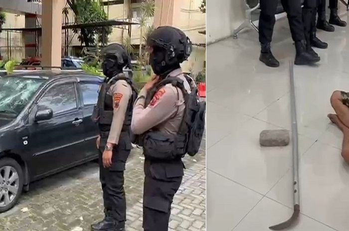 Pria asal Joyontakan, Serengan, Solo (kanan) diamankan setelah menyerang Balai Kota Solo menggunakan senjata egrek menghancurkan Toyota Vios, mobil penerangan dan kaca kantor