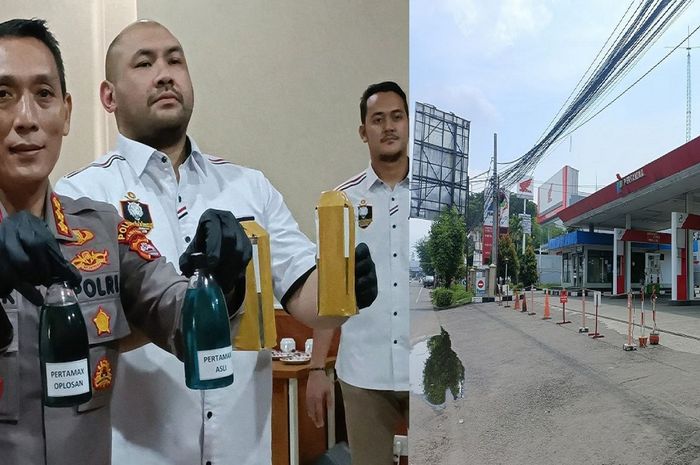 Polisi tunjukan Pertamax palsu hasil oplosan berwarna hitam pekat yang dijual SPBU 34.421.13 di Ciceri, Serang, Banten
