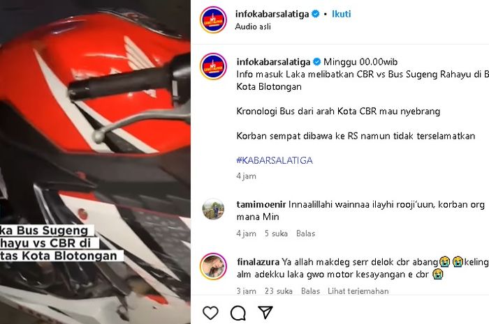 Honda CBR150R tersambar si Sugeng Rahayu di Salatiga. Pemotor berakhir meregang nyawa