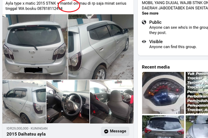 Daihatsu Ayla yang dijual dengan status 'Matel On' yang artinya dalam pencarian debt collector