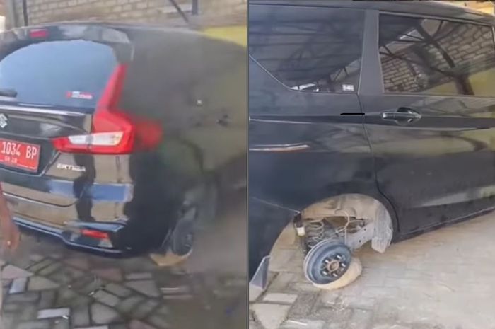 Suzuki Ertiga pelat merah yang menjadi mobil siaga desa Banyutengah, Panceng, kabupaten Gresik, Jawa Timur dipreteli warga pada roda belakang