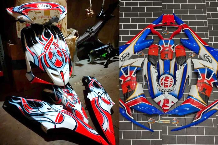Sedang tren airbrush bodi motor dengan grafis helm pembalap