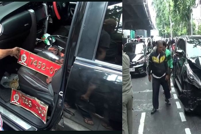 Toyota Fortuner berpelat dinas Lemhanas  7452-00 yang menjadi penyebab kecelakaan beruntun di Jl Jenderal Ahmad Yani, depan Halte Utan Kayu, Jakarta Timur, (11/7/25)