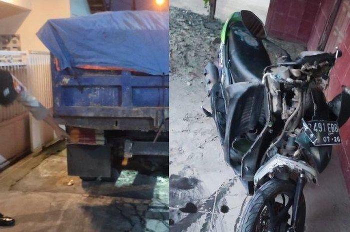 Truk dump mundur dan tabrak Yamaha Mio yang bawa ibu-ibu memboncengkan anaknya