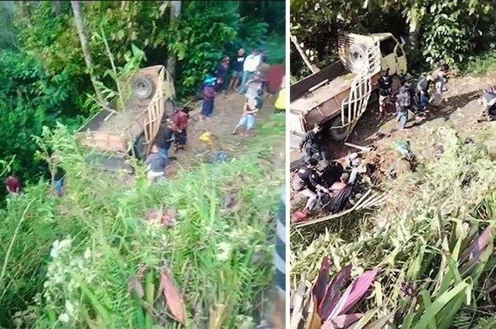 Truk angkut puluhan orang terjun ke jurang sedalam 6 meter. Sebanyak 7 penumpang dinyatakan tewas