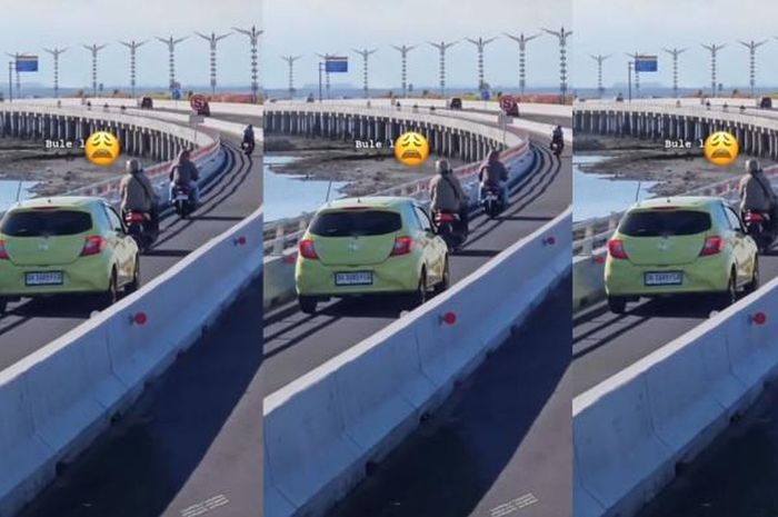 Honda Brio yang dibawa bule nyasar masuk jalur motor di tol Bali Mandara