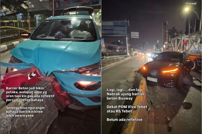 VinFast VF e34 dan Geely Ex5 tabrak ujung beton pembatas Busway yang seolah gaib karena tak terlihat di malam hari