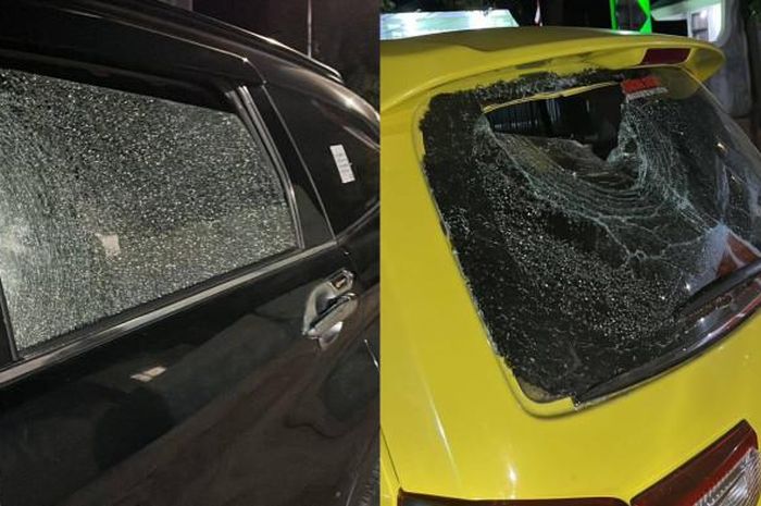 Kondisi kaca Daihatsu Ayla dan Toyota Rush milik Hasniah dan suaminya, Jamaluddin yang jadi korban teror lempar batu dan paving di Jl Pahlawan, Binamu, Jeneponto, Sulawesi Selatan