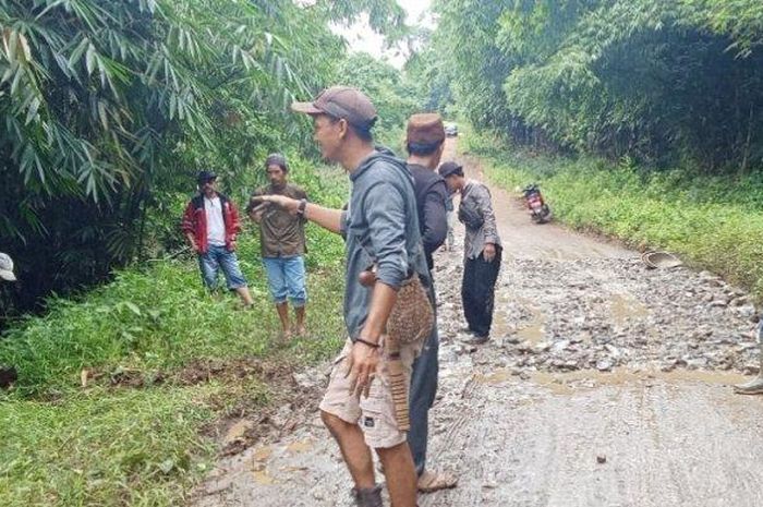 Warga Desa Tambak, Kecamatan Cimarga, Kabupaten Lebak, Banten melakukan perbaikan akses jalan kewenangan Kabupaten dari hasil patungan