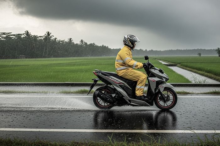 Pengendara motor saat terjang hujan deras