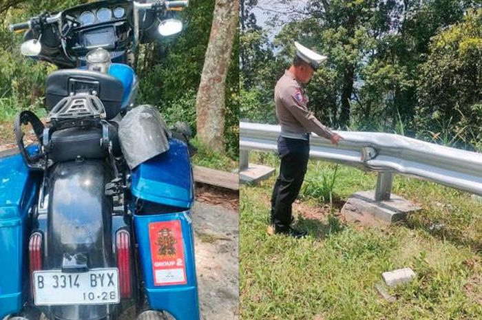 Harley-Davidson Electra Glide bernopol B 3314 BYX dan pengendara yang loncat ke dalam jurang sedalam 10 meter di Jalan Tembus Plaosan - Cemorosewu, Sarangan, Plaosan, Kabupaten Magetan, Jawa Timur, (24/9/25)