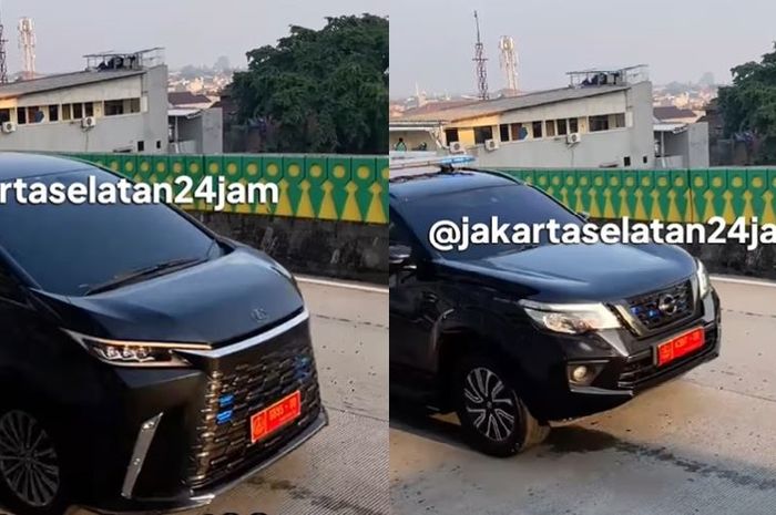 Lexus LM 350H dan Nissan Terra berpelat dinas identik Mabes TNI terobos jalur langit khusus TransJakarta dari arah Tegal Mampang menuju CBD Ciledug, sekitar pukul 06.30 WIB, (24/9/25). 