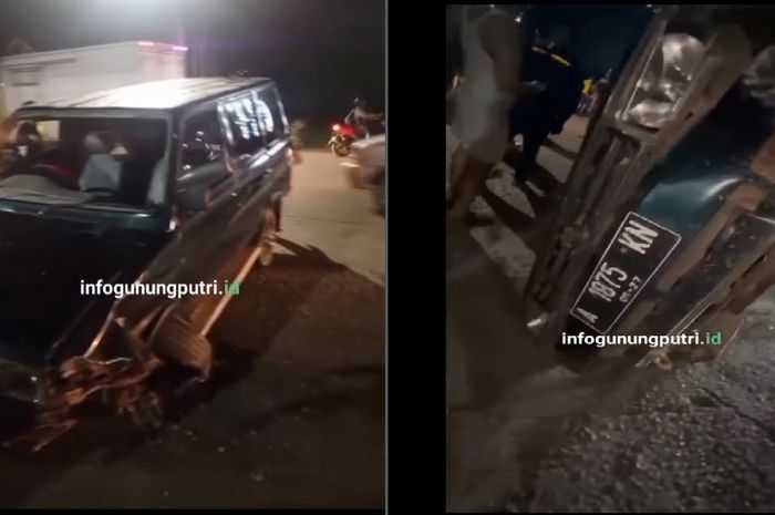 Toyota Kijang Grand Extra digulingkan dan dirusak massa akibat lakukan tabrak lari di wilayah Gunung Putri, kabupaten Bogor, Jawa Barat