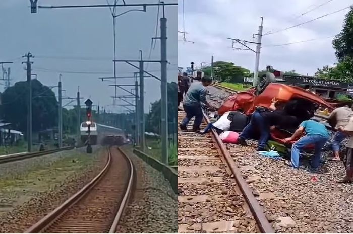 Detik-detik KA Bangunkarta menemper Toyota Calya dan dua motor akibat palang pintu tidak ditutup di wilayah Prambanan, Sleman, Yogyakarta