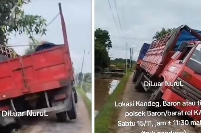 Truk gandeng masuk ke jalan sempir perumahan di Nganjuk. Sopir ditanya masih linglung