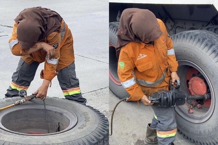 Salut, begini hebatnya wamnita bernama Siti Aisyah yang bekerja sebagai tukang tambal ban spesialis ban truk