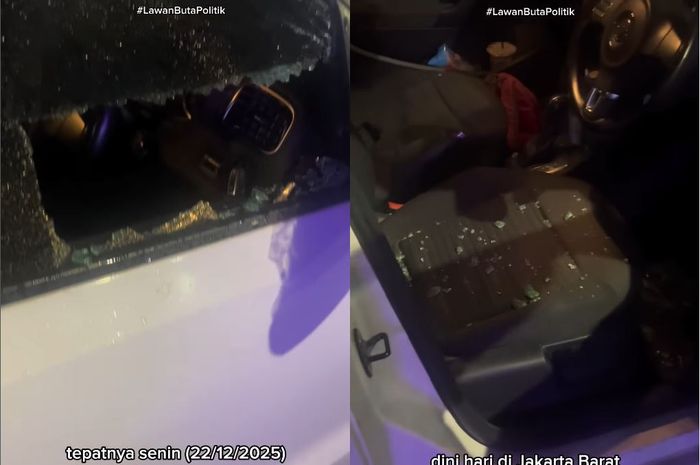 Teror kaca pintu kanan depan VW Polo putih milik aktivis Virdian Aurellio Hartono dipecah orang tak dikenal, (22/12/25)