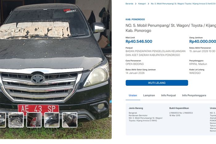 Lelang Toyota Kijang Innova G 2015 milik Pemkab Ponorogo hanya dengan limit Rp 40,5 juta