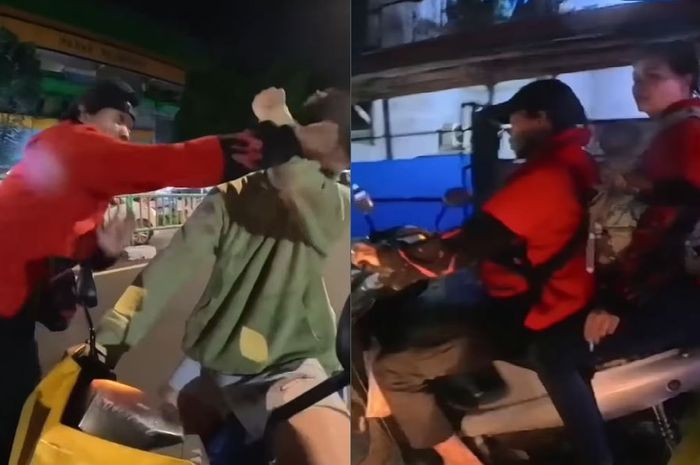 Aksi penganiayaan oleh pasangan suami istri motoran bawa bayi sambil merokok terhadap pengendara Yamaha Mio yang menegurnya di kawasan Pasar Palmerah, Jakarta Barat
