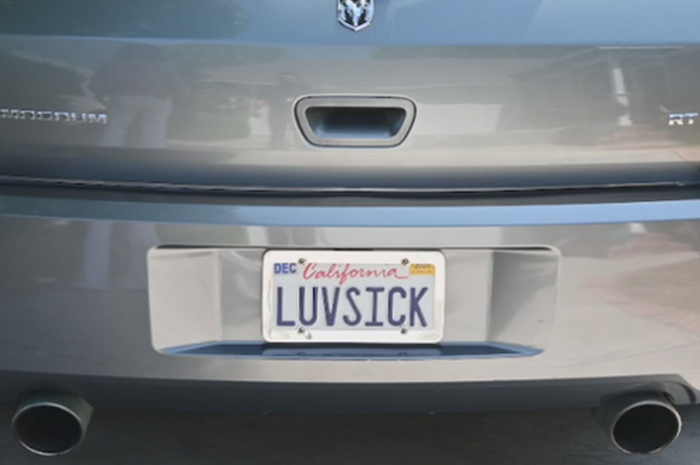 Pelat nomor LUVSICK yang terpasang di Dodge Magnum wanita bernama Suzi Kiefer di California Selatan, Amerika Serikat ini membuatnya dikirim 15 surat tilang yang tak pernah ia lakukan