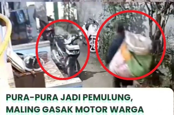 Aksi pemulung yang memanggul karung tapi ternyata pelaku pencurian Honda Supra X 125 milik warga RW 012, Rawa Bebek, Kota Baru, Bekasi Barat, Kota Bekasi, (15/2/26) saat azan subuh.