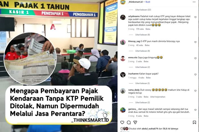 Unggahan yang mempertanyakan kenapa bayar pajak kendaraan tanpa KTP ditolak, tapi kalau lewat calo bisa mulus