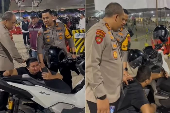 Pemudik motor bernama Deni menangis histeris di pelabuhan Ciwandan, kota Cilegon, Banten karena mendapat kabar ibunya di kampung halaman Mesuji, Lampung meninggal dunia, (17/3/26)