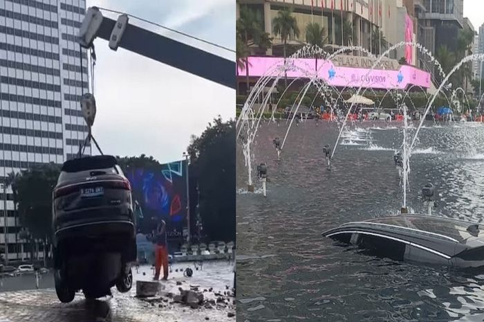 Mobil listrik BYD M6 tercebur ke kolam air mancur bundaran Hotel Indonesia (HI), Jakarta Pusat, (25/3/26) pagi