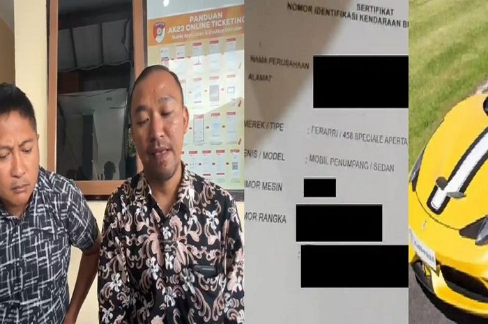Guru Honorer, Rizal Nurdimansyah (39) dan kuasa hukumnya usai membuat laporan pencatutan identitas dirinya atas kepemilikan Ferrari 458 Speciale