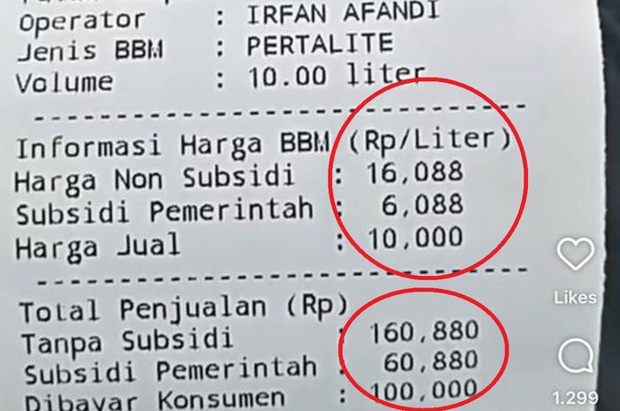 Dalam lingkaran merah tertera harga asli Pertalite tanpa subsidi pemerintah lebih mahal dari harga Pertamax 92