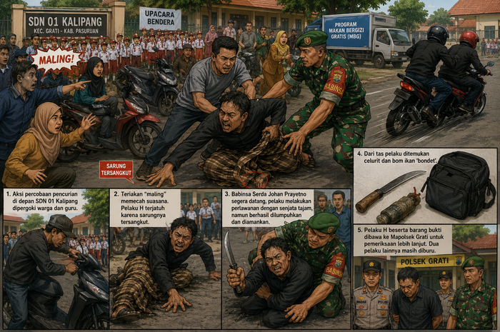 Ilustrasi pencurian motor di depan SDN 01 Kalipang, Grati, Pasuruan, Jawa Timur yang tertangkap karena kaki pelaku keserimpet sarung sendiri