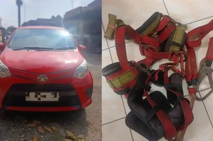 Barang bukti dari penangkapan komplotan maling spesialis tower BTS telekomunikasi di Banyumas, Jawa Tengah, Toyota Calya dan harnes untuk beraksi