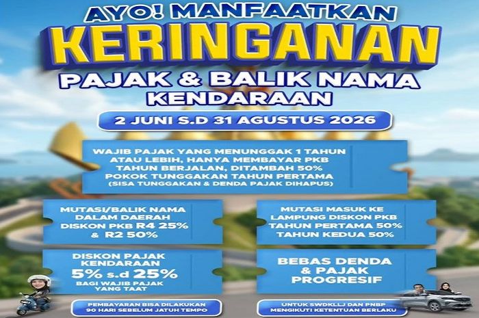 Program pemutihan pajak kendaraan di provinsi Lampung mulai 2 Juni sampai 31 Agustus 2026
