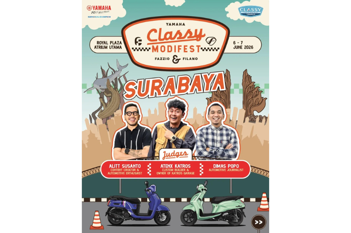 Yamaha Classy Modifest 2026 Surabaya akan menghadirkan Alit Susanto, Atenx Katros, dan Dimas Popo sebagai juri kompetisi modifikasi. 