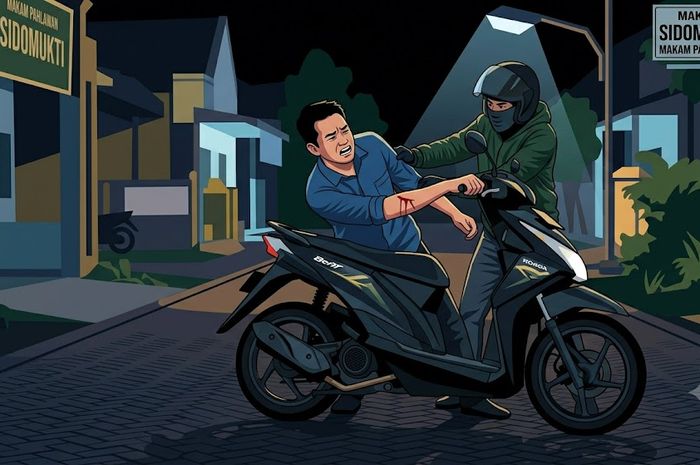 Ilustrasi aksi begal motor Honda BeAT di dekat Makam Pahlawan Sidomukti, Kraksaan, Kabupaten Probolinggo, Jawa Timur yang ternyata drama palsu